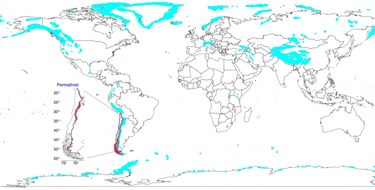Fig. 1. Este mapa mundial muestra la ubicación de los glaciares de todo el mundo según el Inventario de Glaciares Randolph. Los límites de Chile están delineados en rojo. El mapa de Chile muestra las ubicaciones potenciales del permafrost según lo indicado por el Mapa del Índice Global de Zonificación del Permafrost.