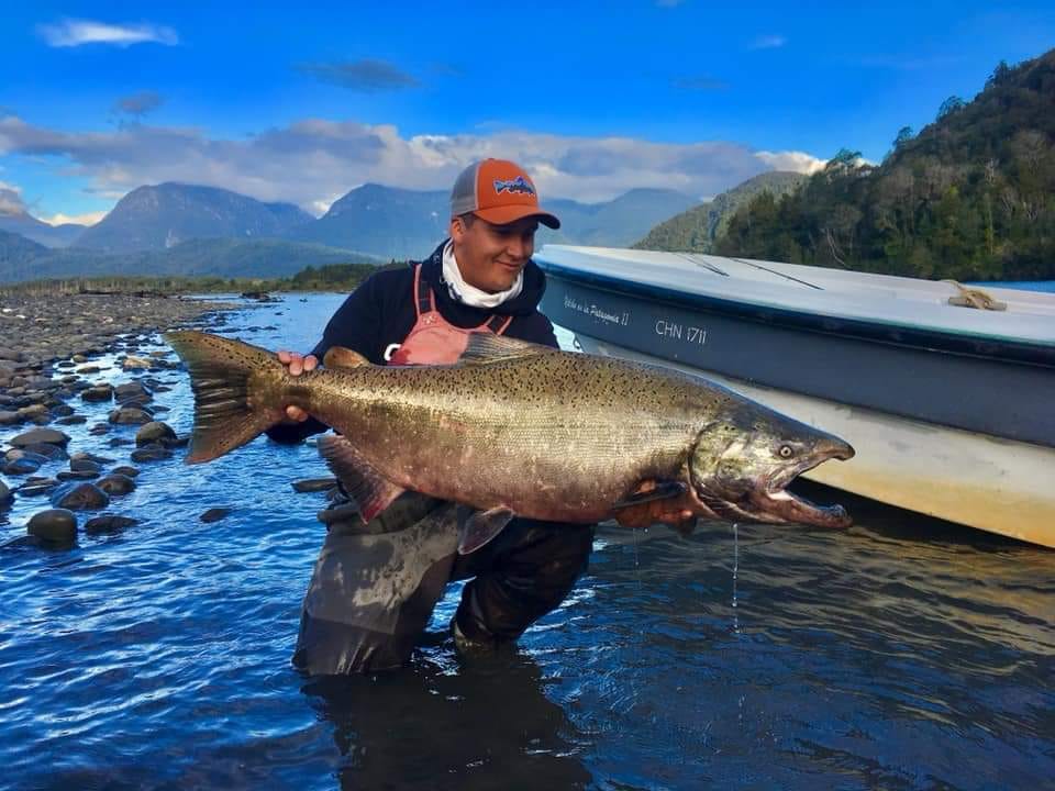 Roland Robert with a Chinook salmon in Chilean Patagonia.